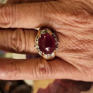 Genuine garnet cabachon 925 SS and gold ring SIZE 5